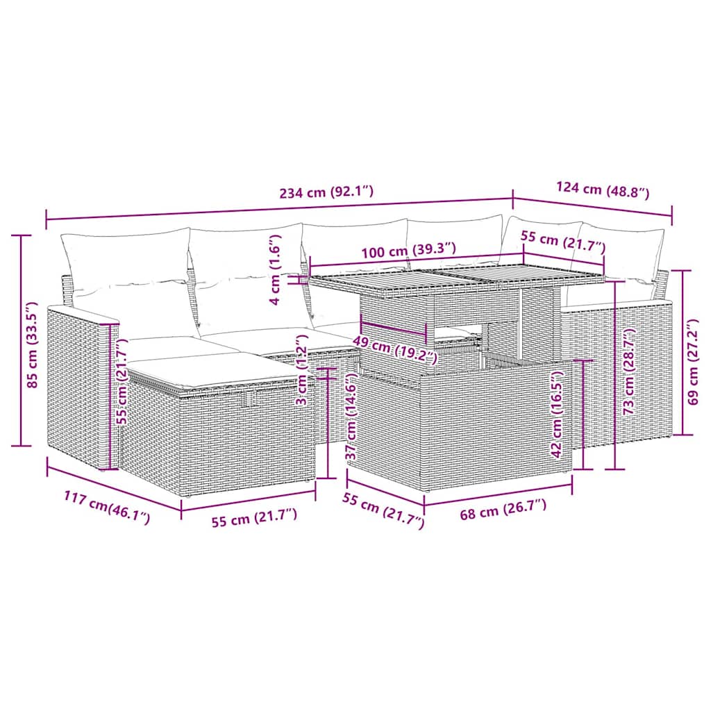 7-tlg. Garten-Sofagarnitur mit Kissen Grau Poly Rattan