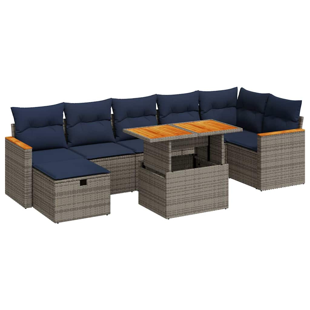 8-tlg. Garten-Sofagarnitur mit Kissen Grau Poly Rattan Akazie