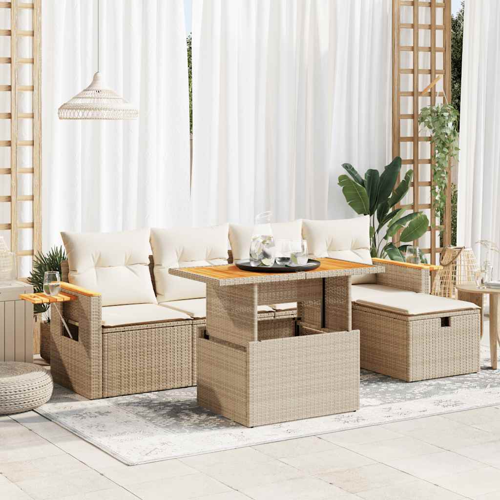 6-tlg. Garten-Sofagarnitur mit Kissen Beige Poly Rattan