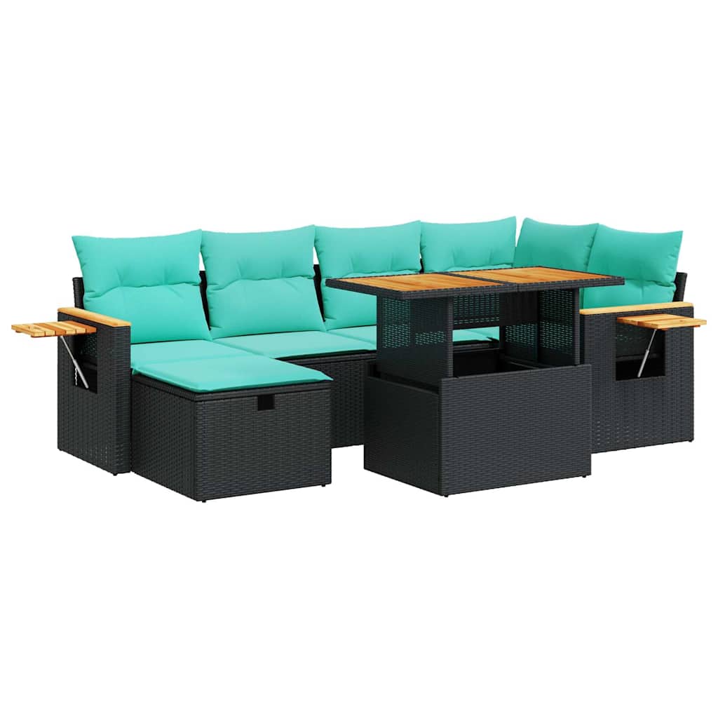 7-tlg. Garten-Sofagarnitur mit Kissen Braun Poly Rattan Akazie