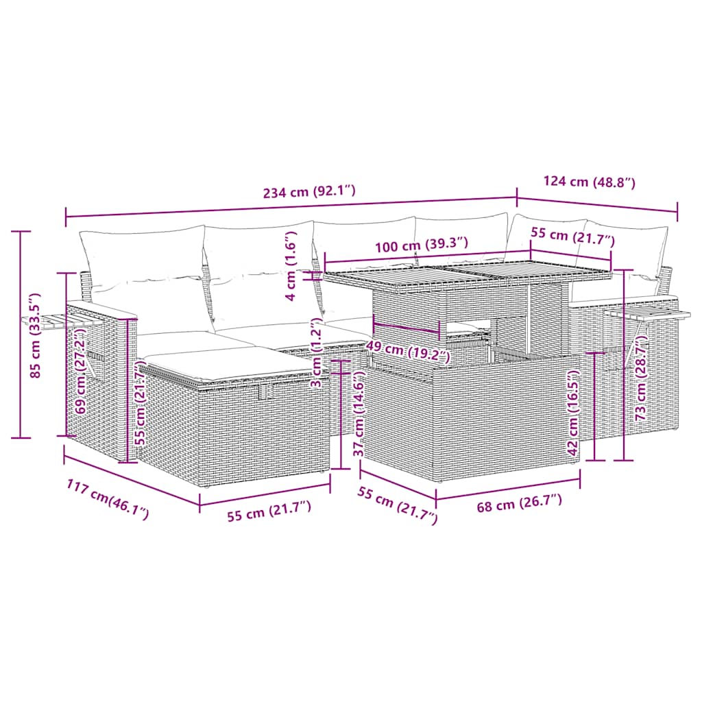 7-tlg. Garten-Sofagarnitur mit Kissen Braun Poly Rattan Akazie