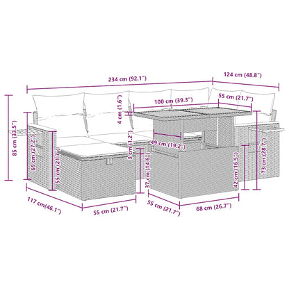 7-tlg. Garten-Sofagarnitur mit Kissen Braun Poly Rattan Akazie