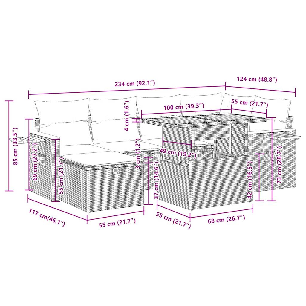 8-tlg. Garten-Sofagarnitur mit Kissen Beige Poly Rattan