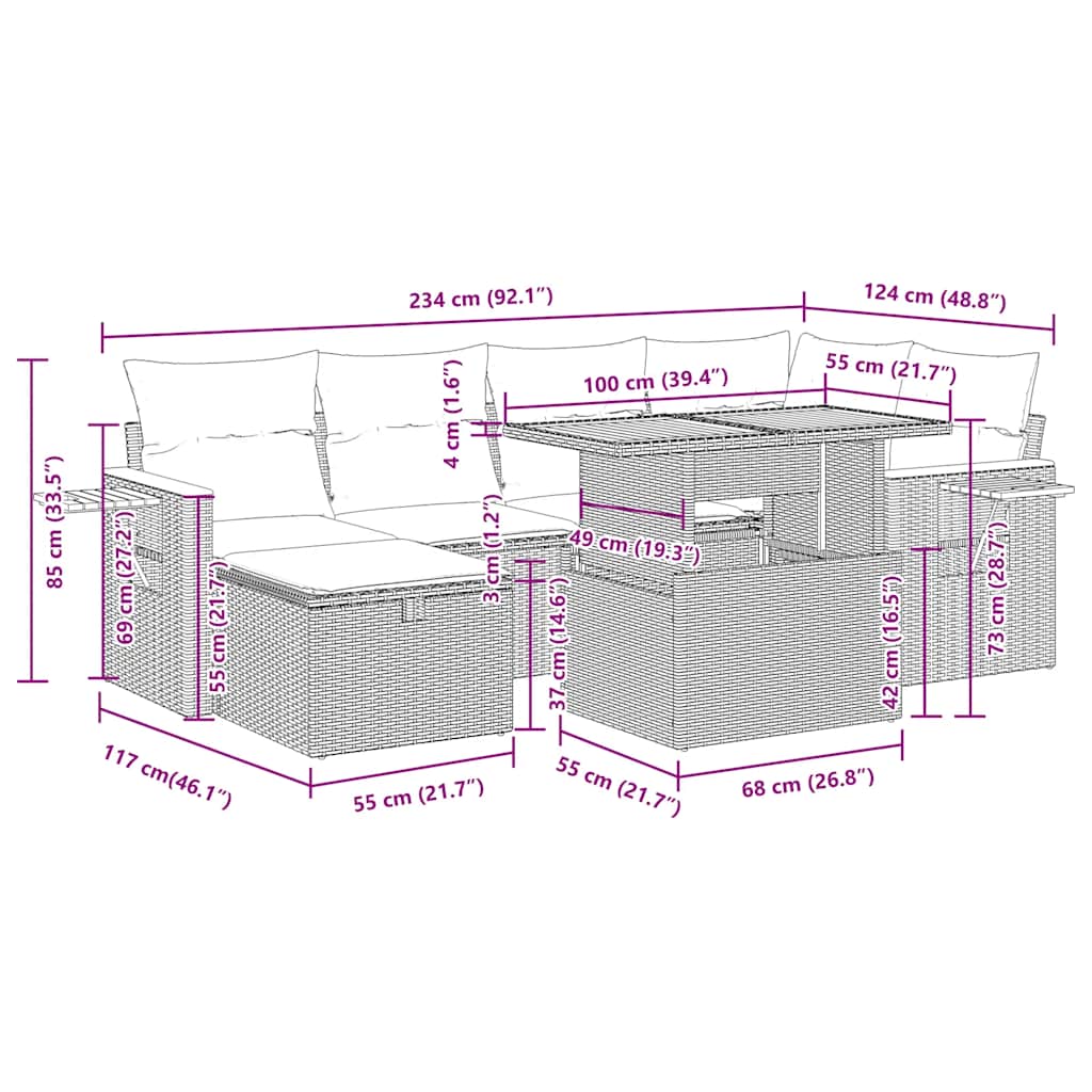 8-tlg. Garten-Sofagarnitur mit Kissen Beige Poly Rattan