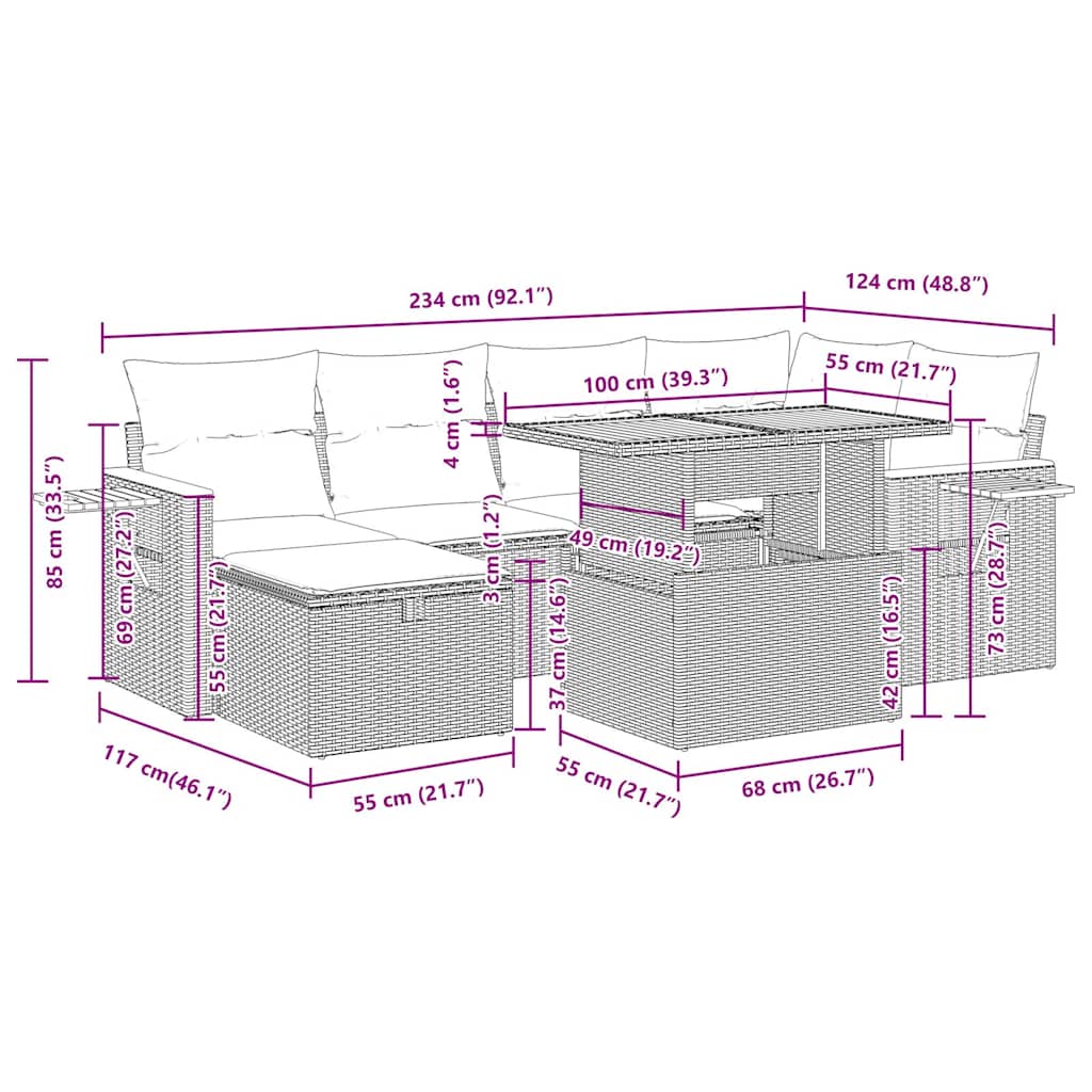 7-tlg. Garten-Sofagarnitur mit Kissen Grau Poly Rattan