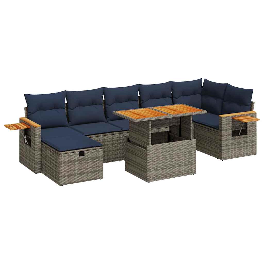 8-tlg. Garten-Sofagarnitur mit Kissen Grau Poly Rattan Akazie
