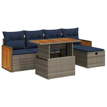 6-tlg. Garten-Sofagarnitur mit Kissen Grau Poly Rattan Akazie