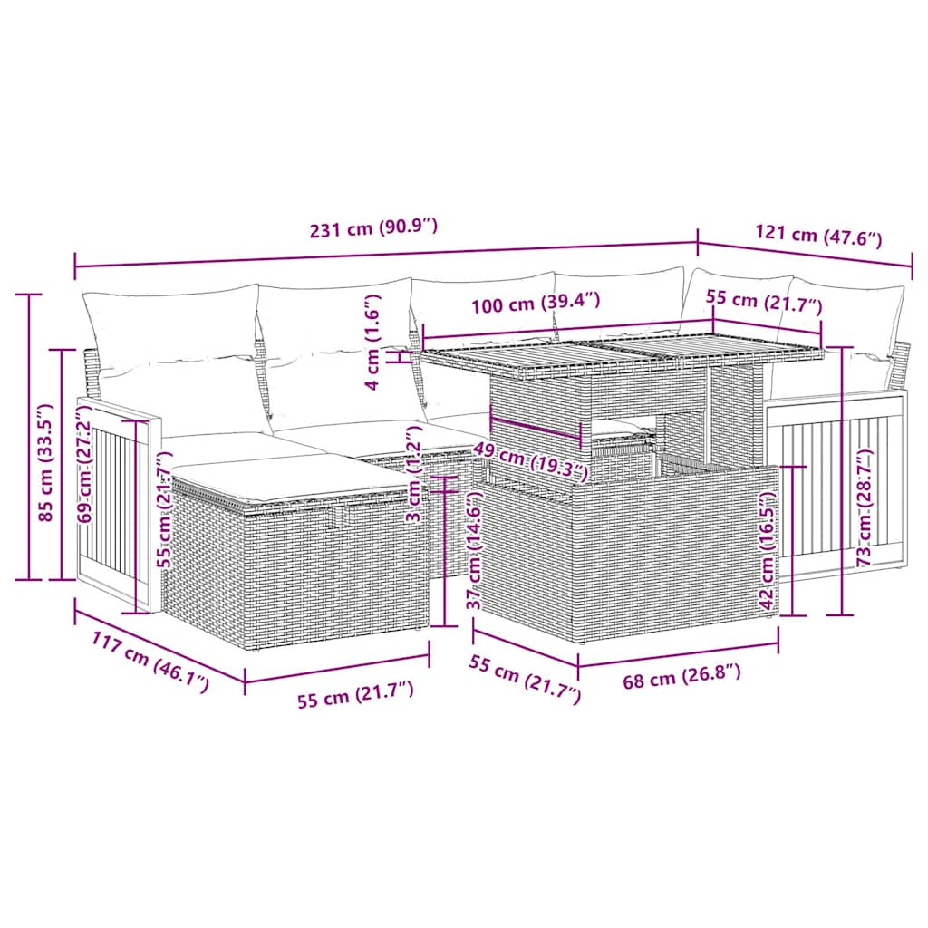7-tlg. Garten-Sofagarnitur mit Kissen Braun Poly Rattan Akazie