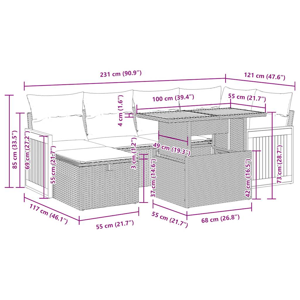 8-tlg. Garten-Sofagarnitur mit Kissen Beige Poly Rattan