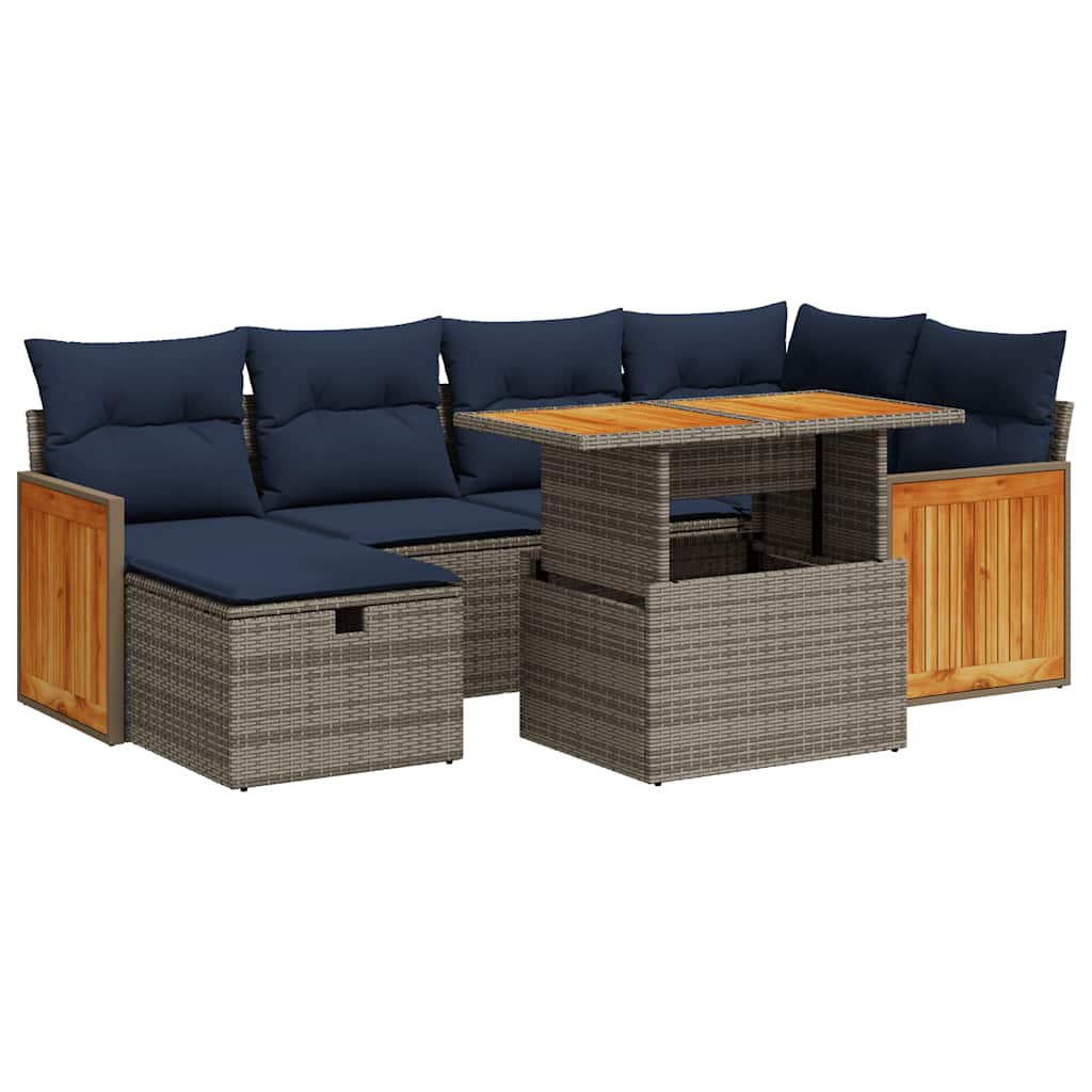 7-tlg. Garten-Sofagarnitur mit Kissen Grau Poly Rattan