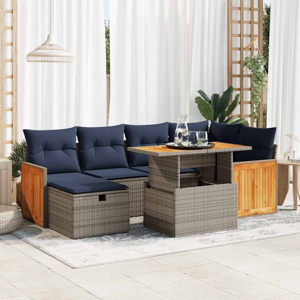 7-tlg. Garten-Sofagarnitur mit Kissen Grau Poly Rattan