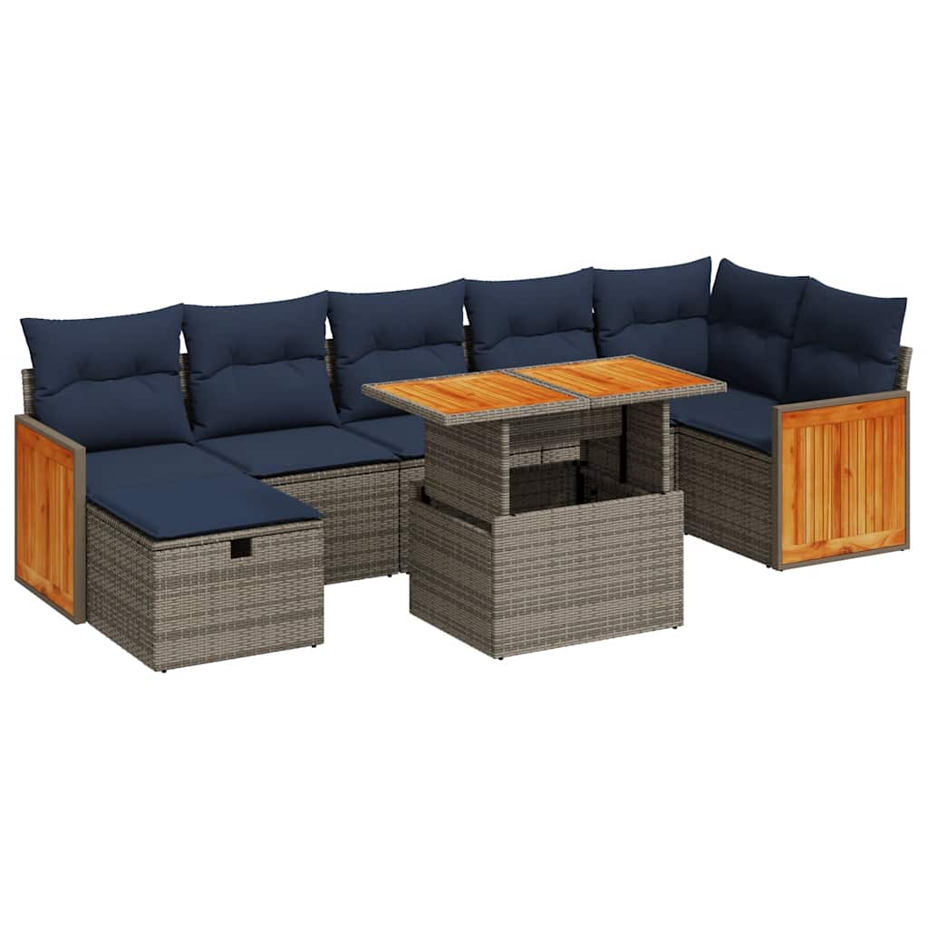 8-tlg. Garten-Sofagarnitur mit Kissen Grau Poly Rattan Akazie