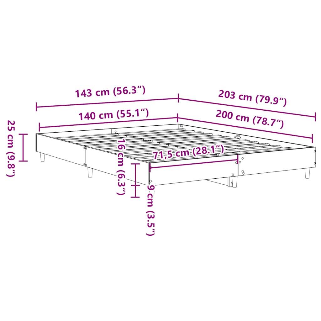 Bettgestell ohne Matratze Grau Sonoma 140x200 cm Holzwerkstoff