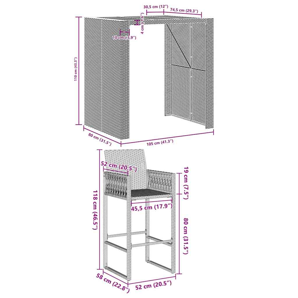 5-tlg. Gartenbar-Set ohne Kissen Schwarz Poly Rattan Akazie