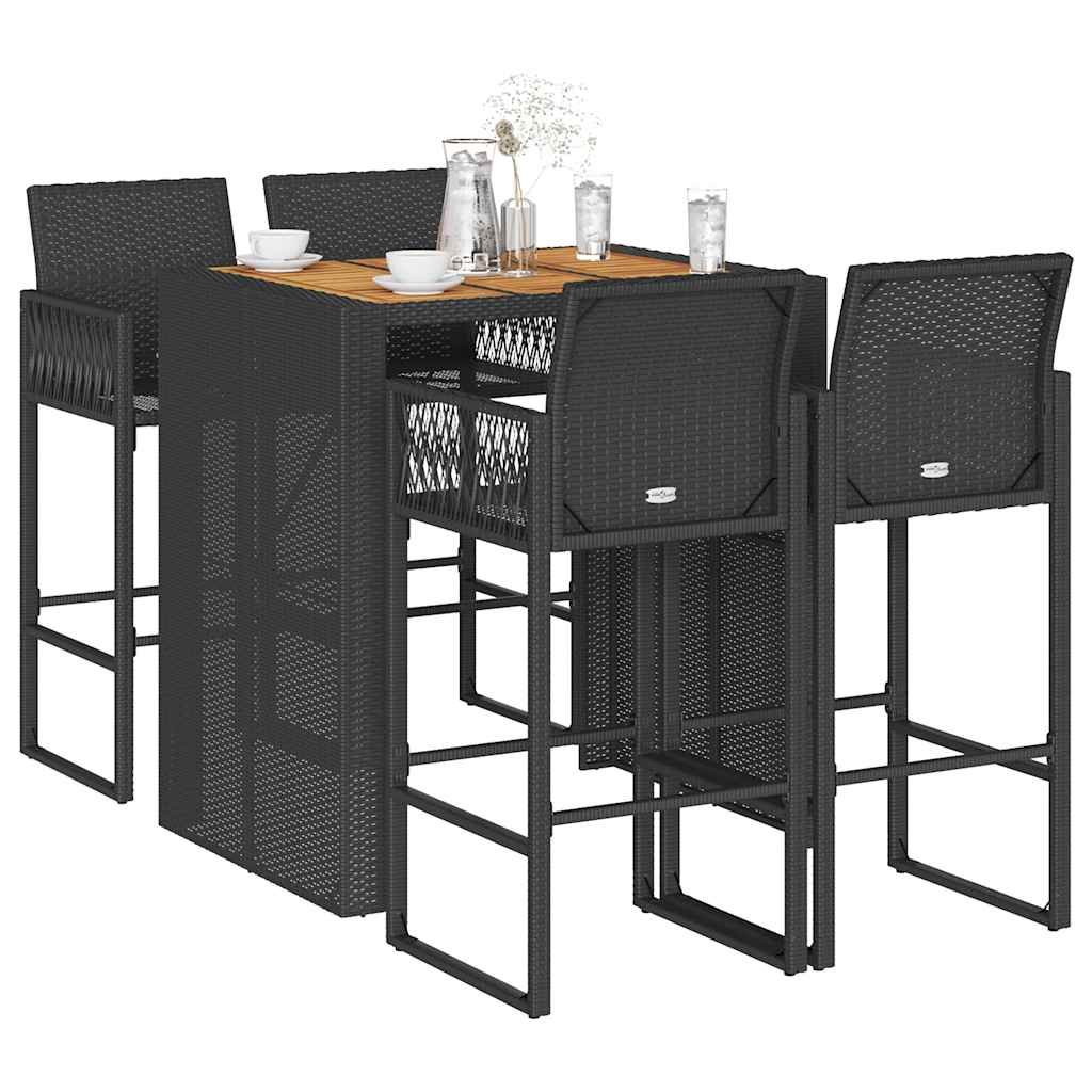 5-tlg. Gartenbar-Set ohne Kissen Schwarz Poly Rattan Akazie