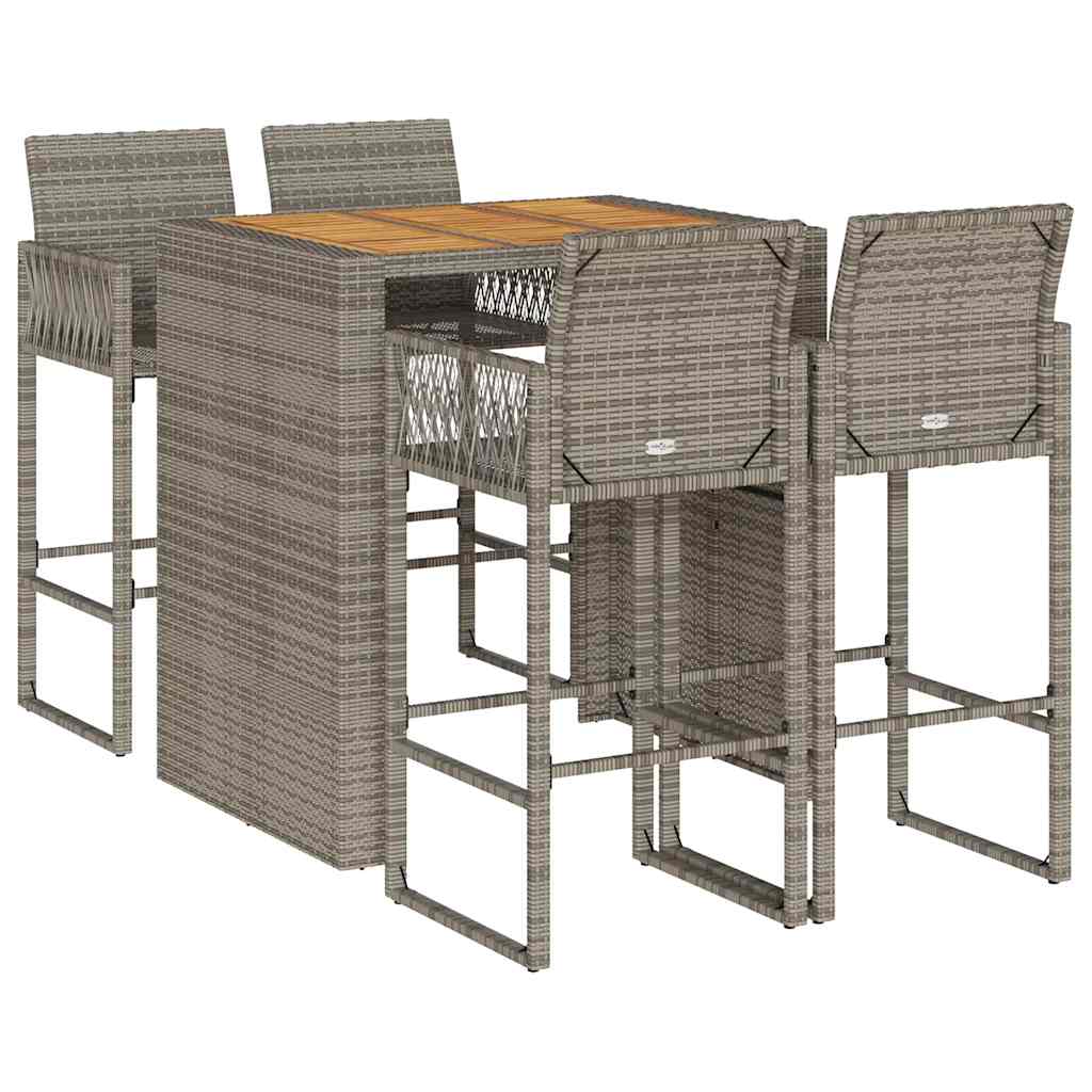 Ensemble de bar de jardin 5 pièces sans coussins, gris, polyrotin, acacia