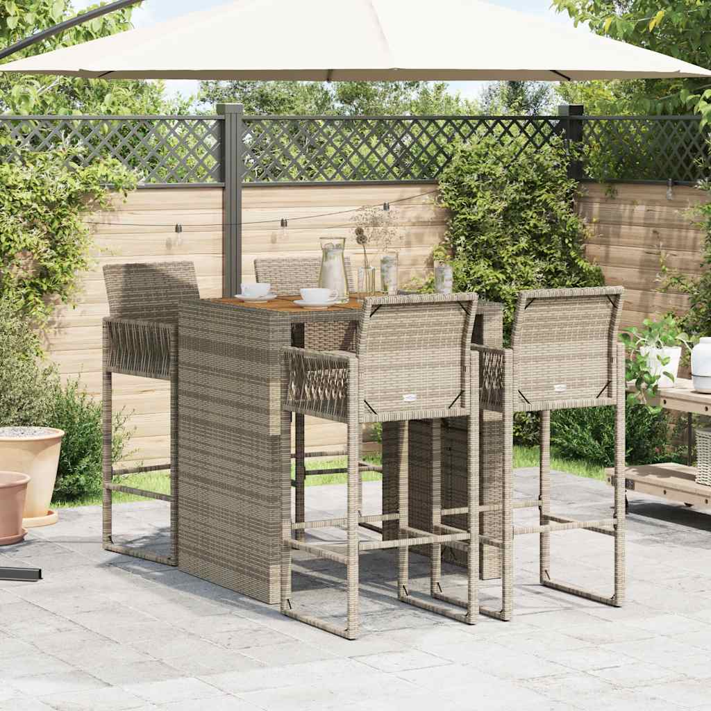 Ensemble de bar de jardin 5 pièces sans coussins, gris, polyrotin, acacia