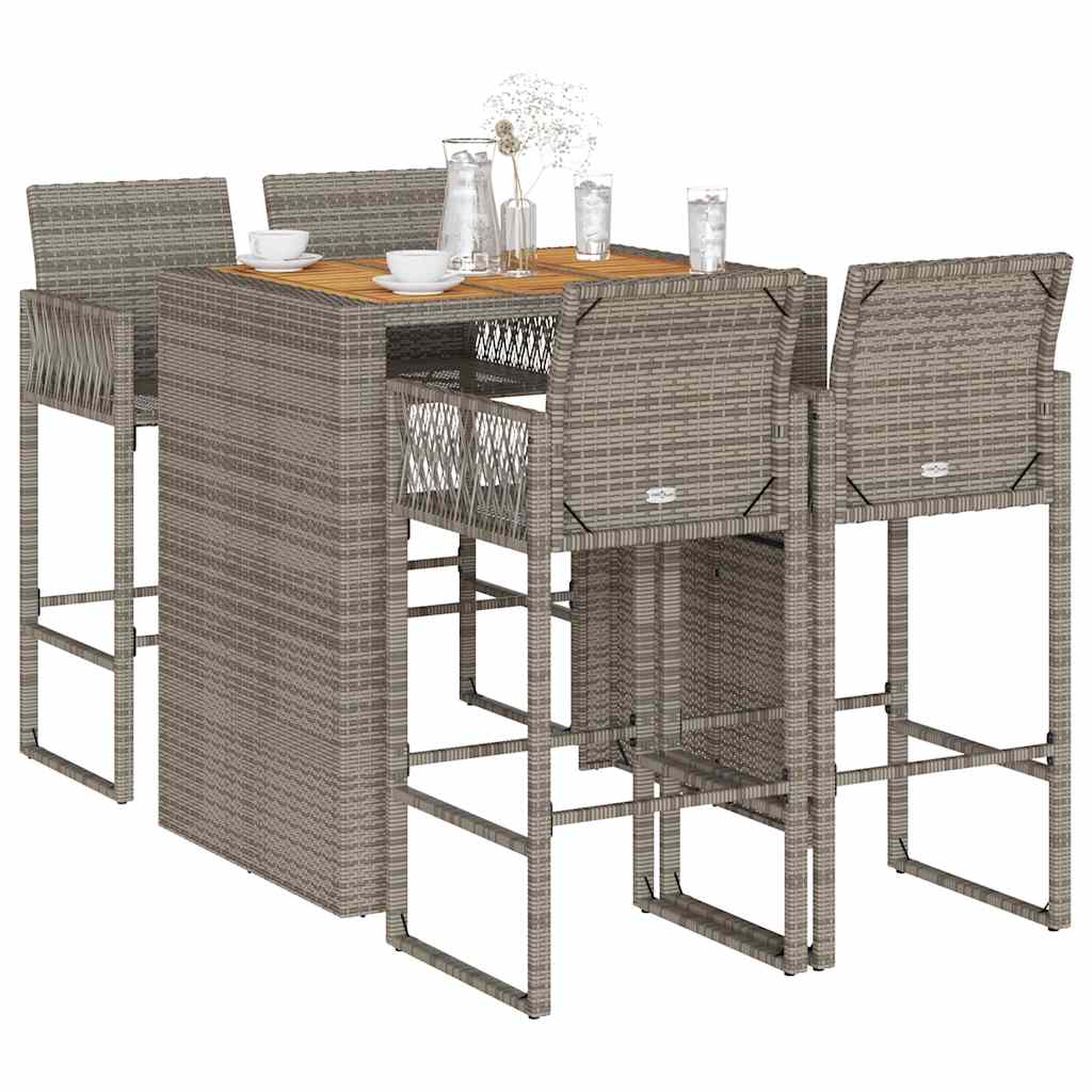 Ensemble de bar de jardin 5 pièces sans coussins, gris, polyrotin, acacia