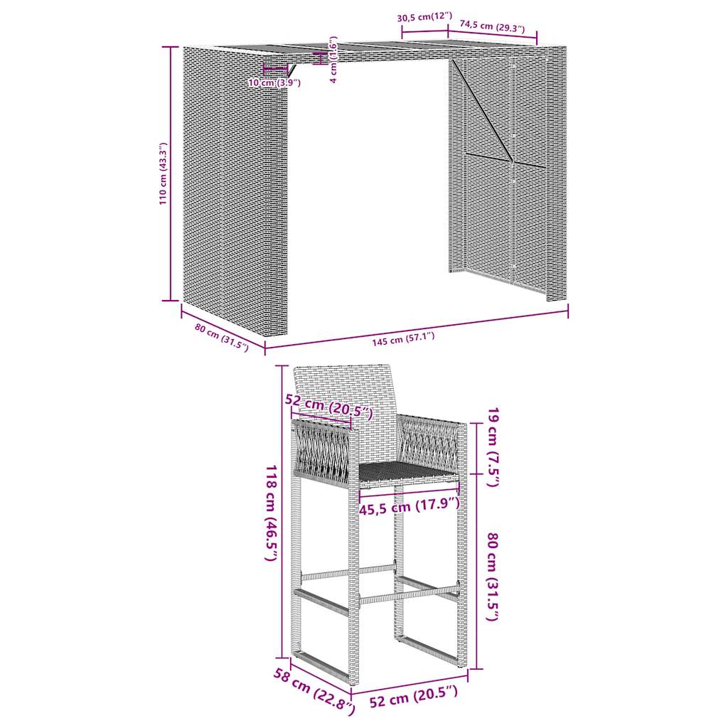 5-tlg. Gartenbar-Set ohne Kissen Grau Poly Rattan Akazie