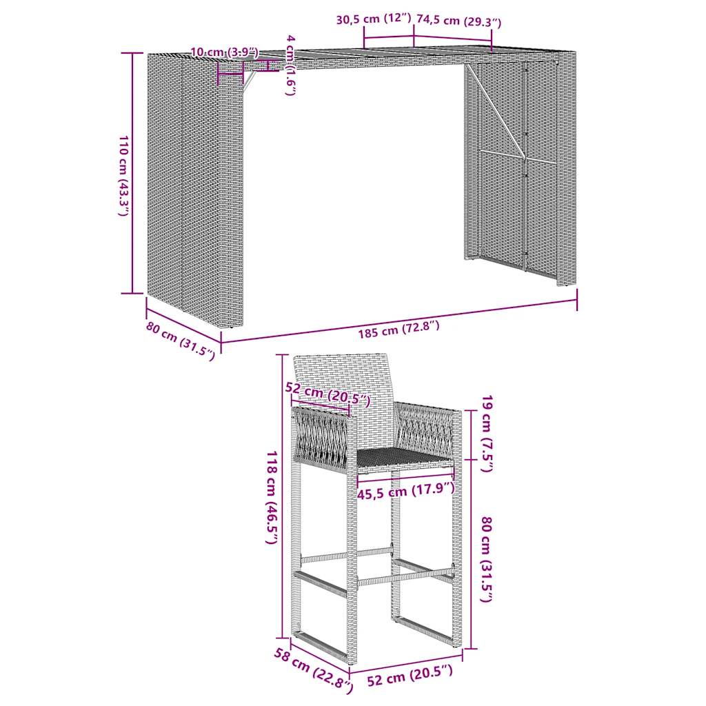 5-tlg. Gartenbar-Set ohne Kissen Schwarz Poly Rattan Akazie