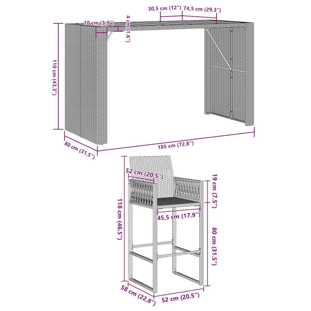 5-tlg. Gartenbar-Set ohne Kissen Grau Poly Rattan Akazie
