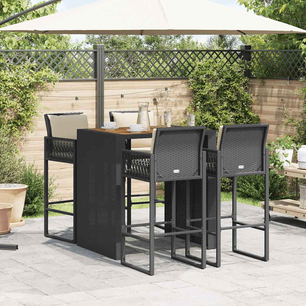 5-tlg. Gartenbar-Set mit Kissen Schwarz Poly Rattan Akazie