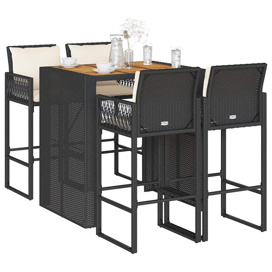 5-tlg. Gartenbar-Set mit Kissen Schwarz Poly Rattan Akazie