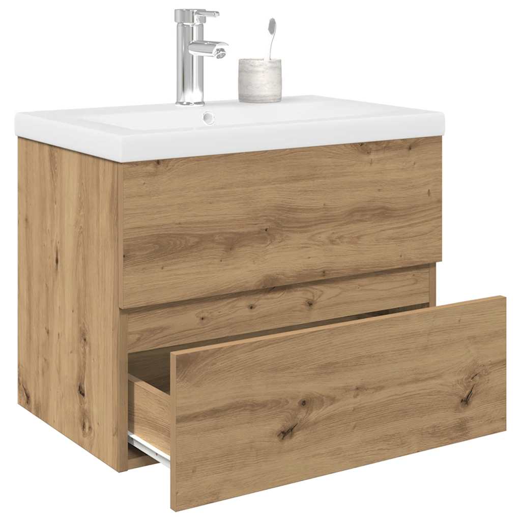 Waschbeckenunterschrank mit Einbaubecken und Wasserhahn