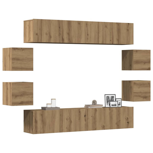 Ensemble de meubles TV 8 pièces, fixation murale, en bois de chêne artisanal