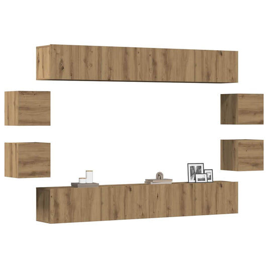 Ensemble de meubles TV 8 pièces, fixation murale, en bois de chêne artisanal