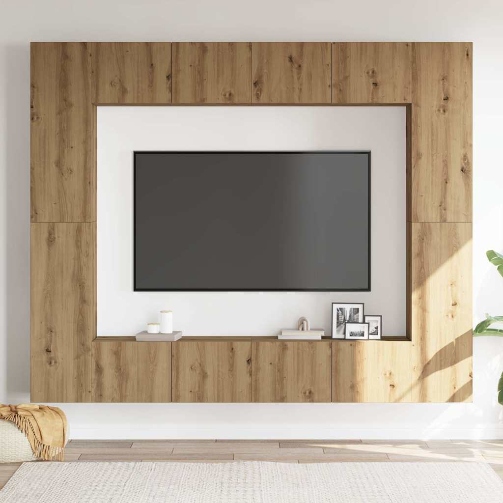 Ensemble de meubles TV 8 pièces, fixation murale, en bois de chêne artisanal
