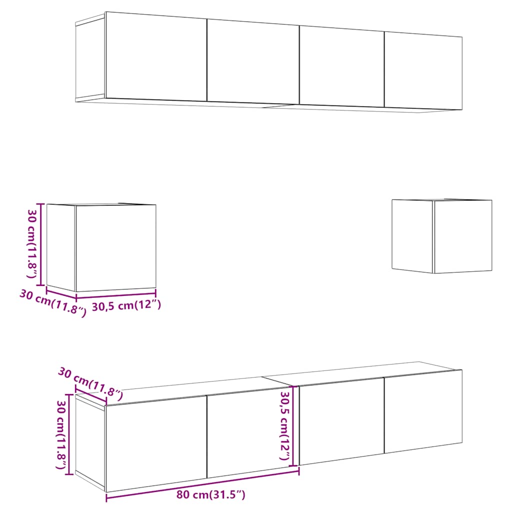 6-tlg. TV-Schrank-Set Wandmontage Altholz-Optik Holzwerkstoff