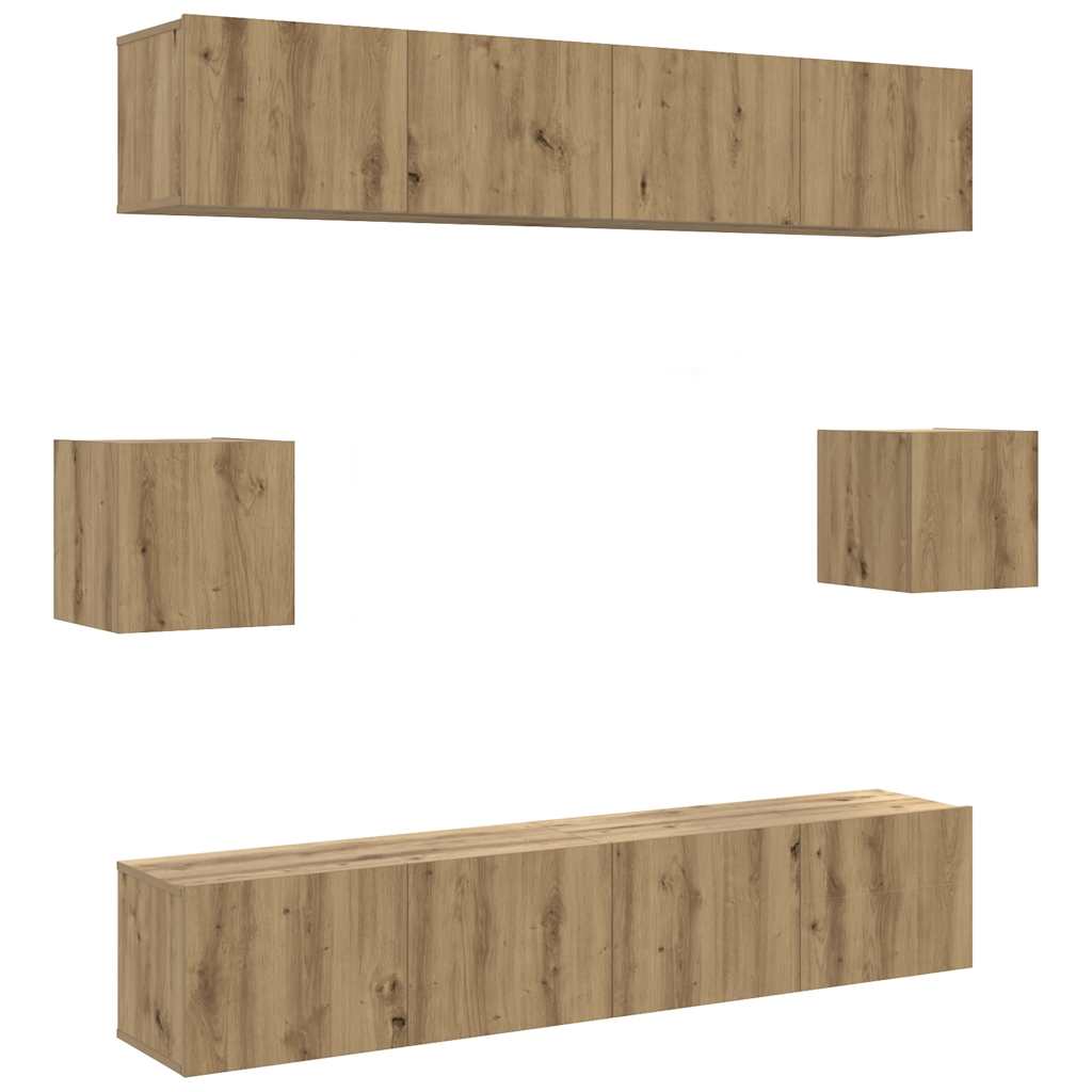 Ensemble de meubles TV 6 pièces, fixation murale, en bois de chêne artisanal