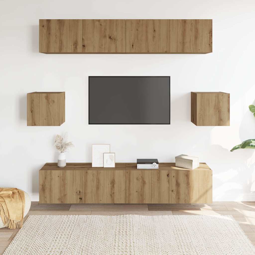 Ensemble de meubles TV 6 pièces, fixation murale, en bois de chêne artisanal