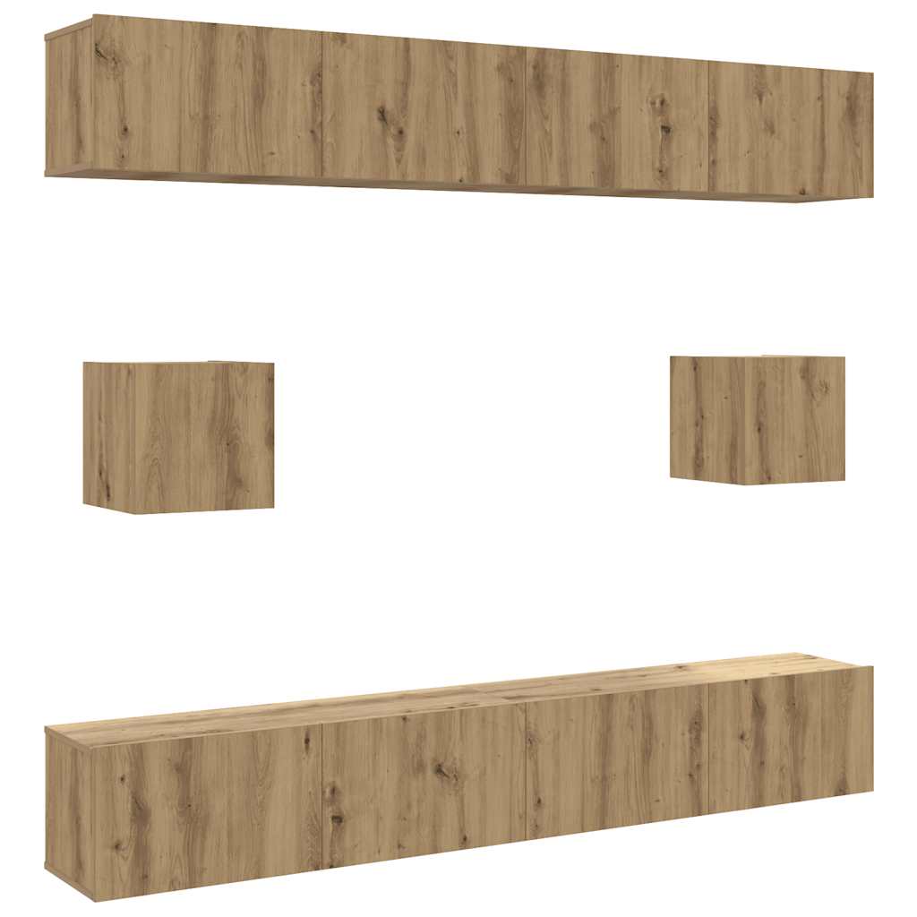 Ensemble de meubles TV 6 pièces, fixation murale, en bois de chêne artisanal
