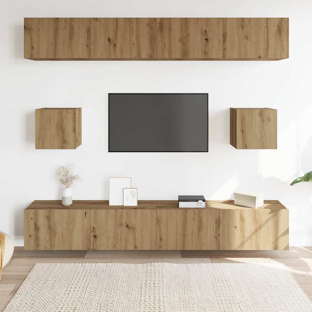 Ensemble de meubles TV 6 pièces, fixation murale, en bois de chêne artisanal