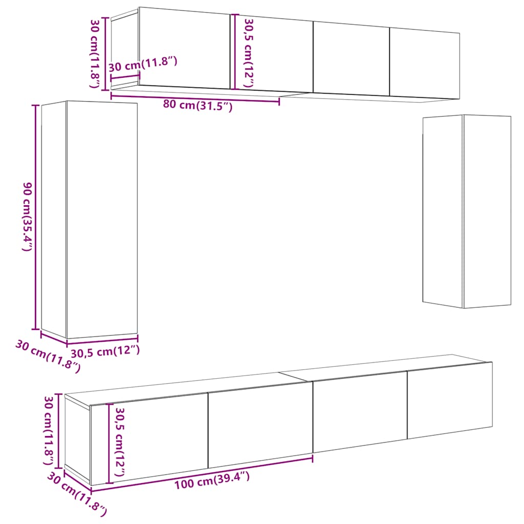 6-tlg. TV-Schrank-Set Wandmontage Altholz-Optik Holzwerkstoff