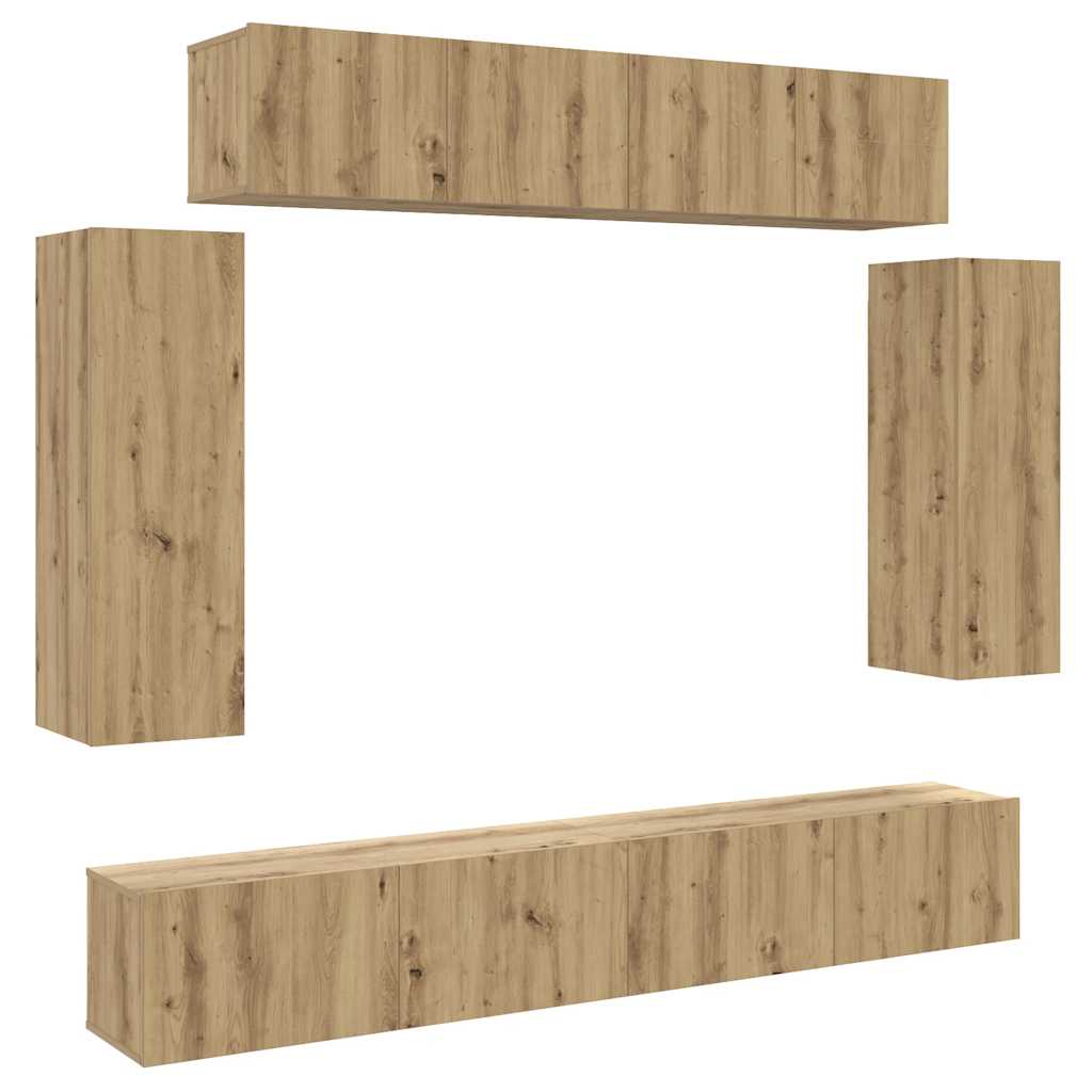 Ensemble de meubles TV 6 pièces, fixation murale, en bois de chêne artisanal