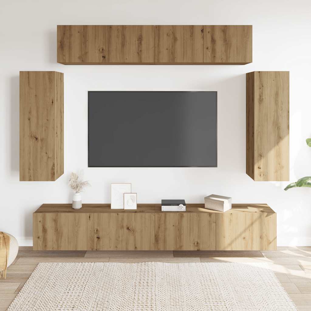 Ensemble de meubles TV 6 pièces, fixation murale, en bois de chêne artisanal