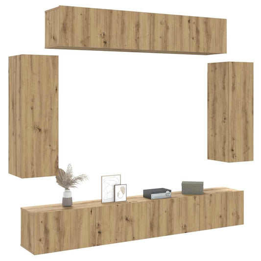 Ensemble de meubles TV 6 pièces, fixation murale, en bois de chêne artisanal