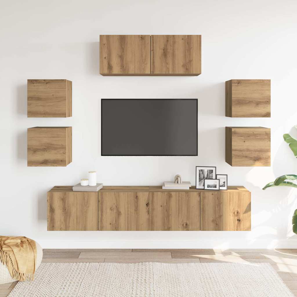 Ensemble de meubles TV 7 pièces, fixation murale, en bois de chêne artisanal