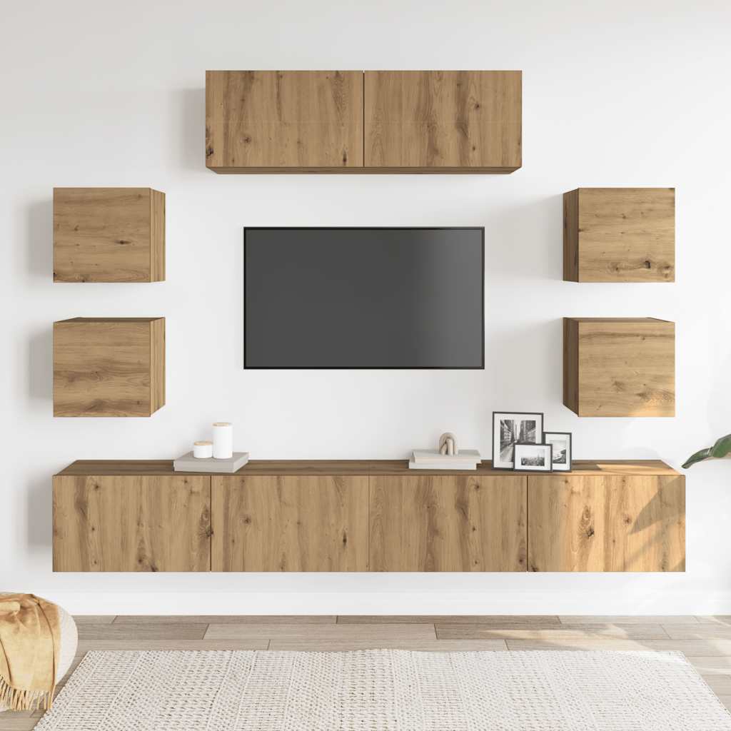 Ensemble de meubles TV 7 pièces, fixation murale, en bois de chêne artisanal