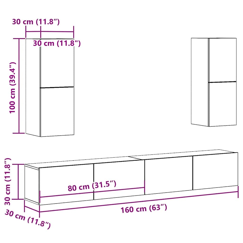4-tlg. TV-Schrank-Set Wandmontage Altholz-Optik Holzwerkstoff
