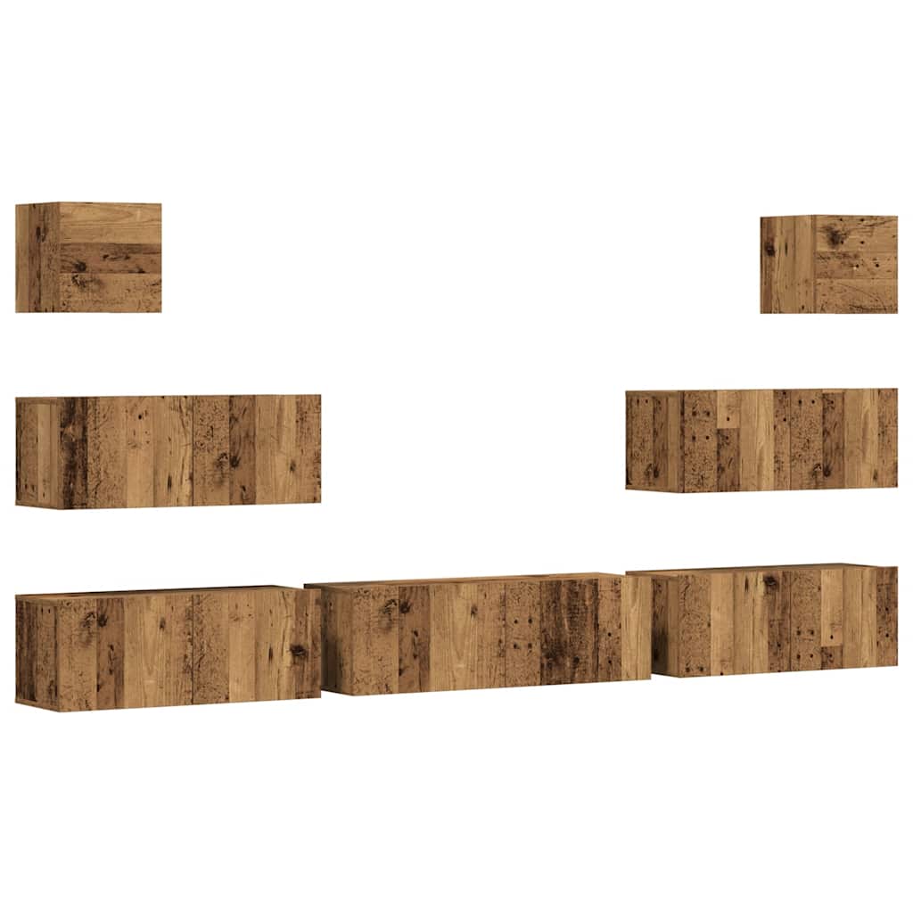 Ensemble de meubles TV 7 pièces, fixation murale, aspect bois récupéré, matériau à base de bois