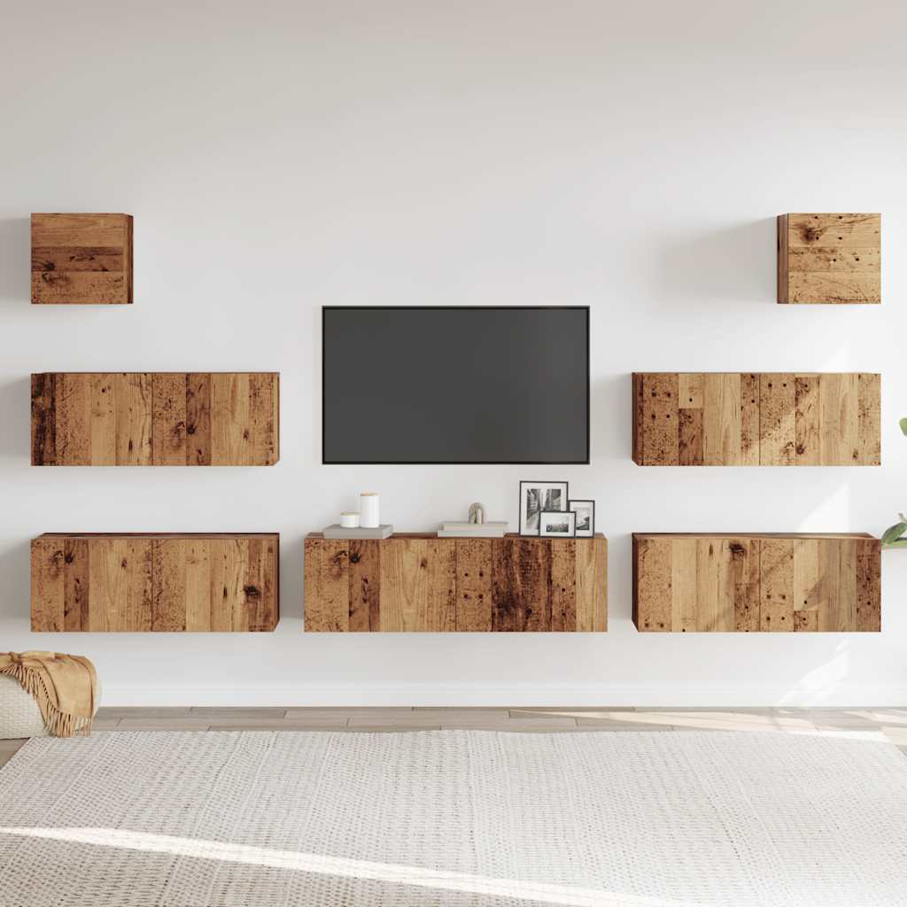 Ensemble de meubles TV 7 pièces, fixation murale, aspect bois récupéré, matériau à base de bois