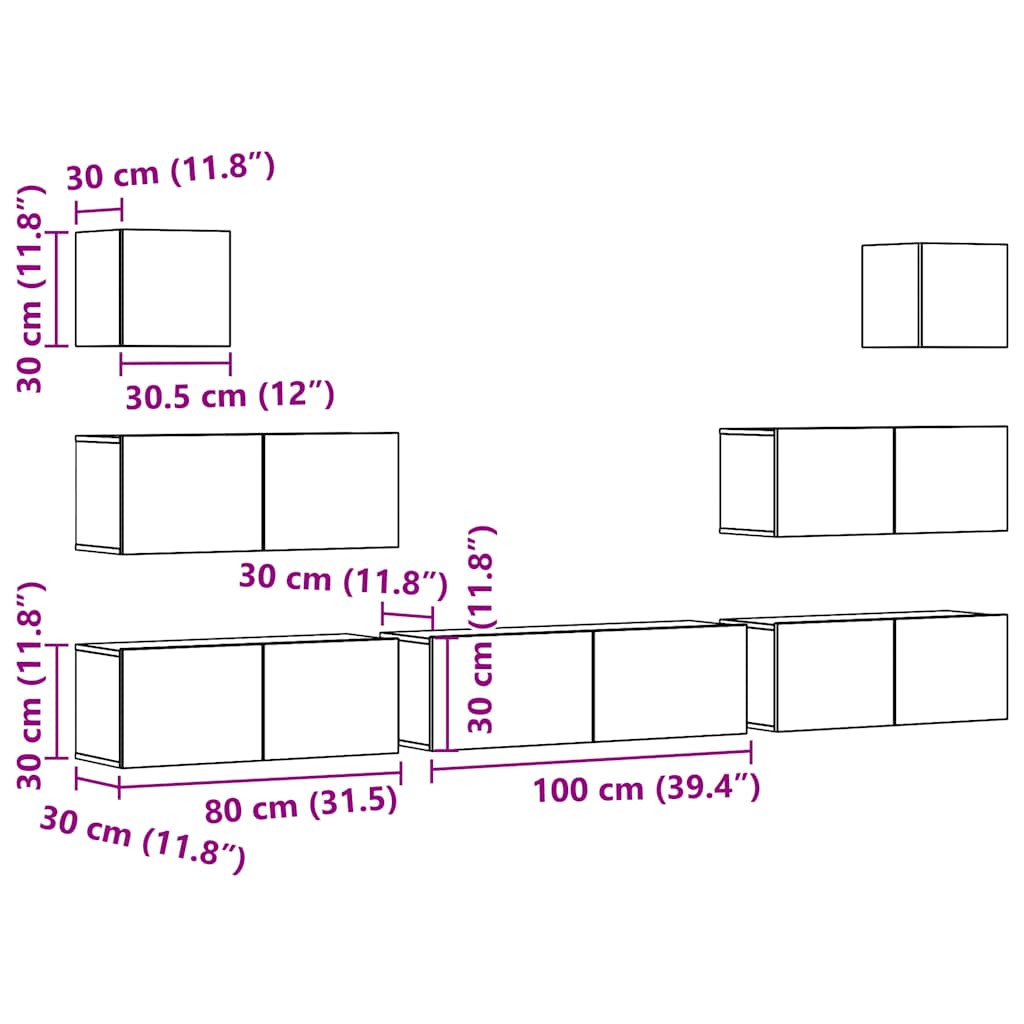 Ensemble de meubles TV 7 pièces, fixation murale, aspect bois récupéré, matériau à base de bois