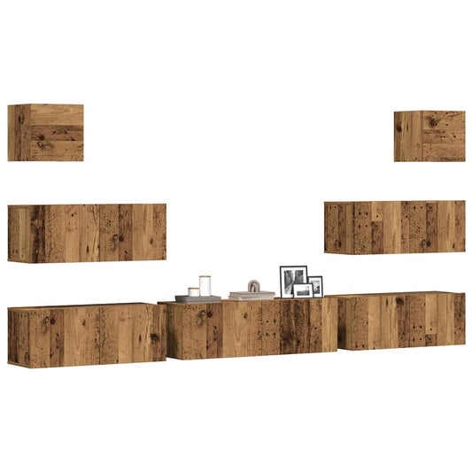 Ensemble de meubles TV 7 pièces, fixation murale, aspect bois récupéré, matériau à base de bois