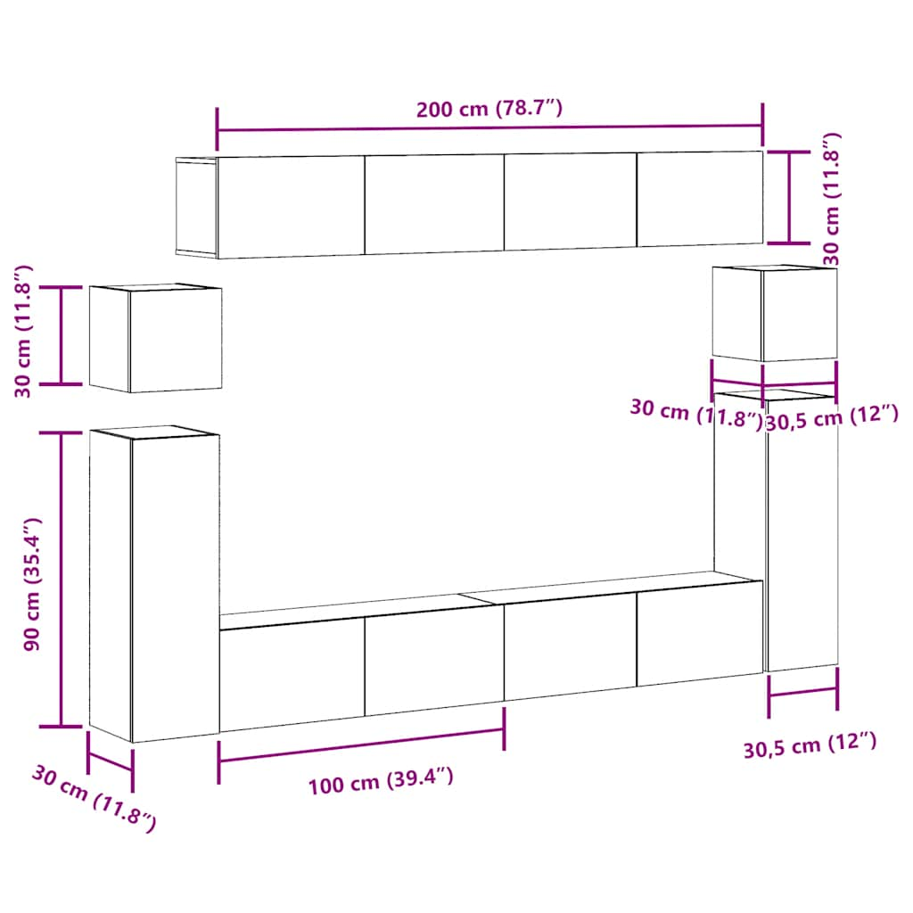 8-tlg. TV-Schrank-Set Wandmontage Altholz-Optik Holzwerkstoff