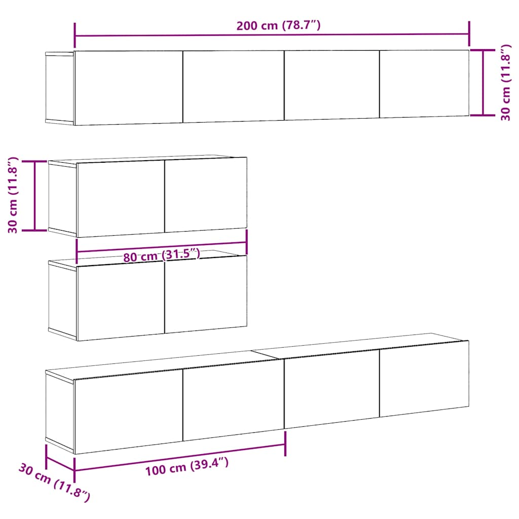 6-tlg. TV-Schrank-Set Wandmontage Altholz-Optik Holzwerkstoff