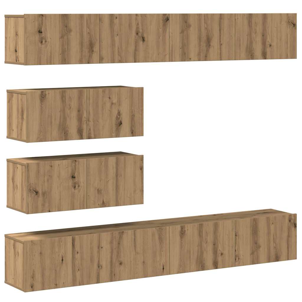 Ensemble de meubles TV 6 pièces, fixation murale, en bois de chêne artisanal
